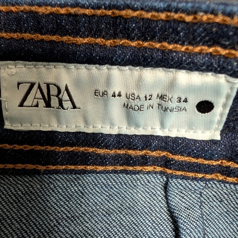 Zara Women Blue High Rise Wide Leg Marine Straight Jeans Raw Hem Size 12 Indigo - Picture 4 of 10